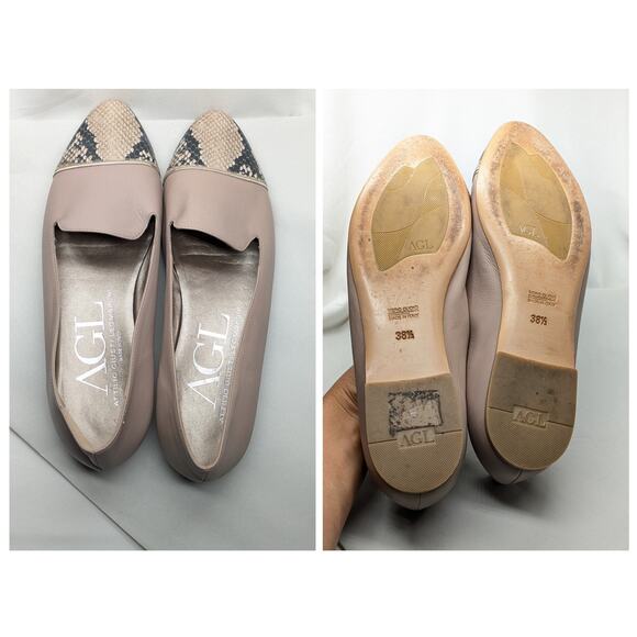 AGL Loafers Snake Skin Cap-Toe Womens 38.5 Nude Leather Preppy Old Money Career - Picture 6 of 7